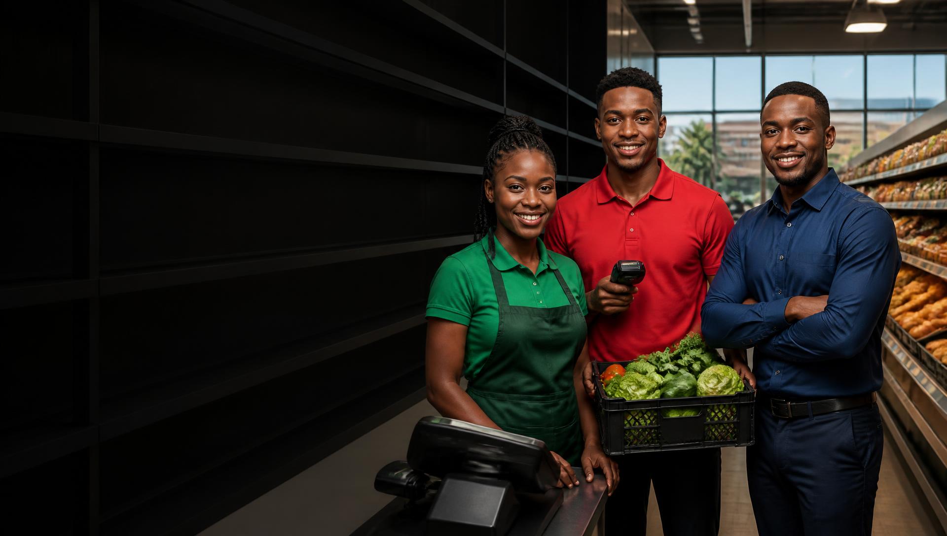 A diverse team of supermarket professionals ready for work